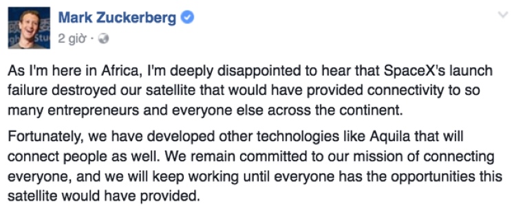 Mark Zuckerberg bày tỏ cảm xúc trên Facebook sau cú phóng tên lửa thất bại